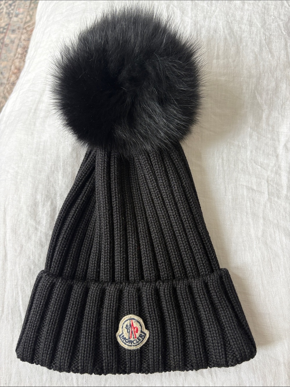 Moncler Black Rib-Knit Beanie with (real) Fur Pom
